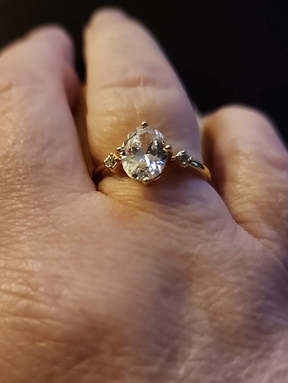 Gold Solitaire Oval Moissanite Ring with Side Stones - Adjustable